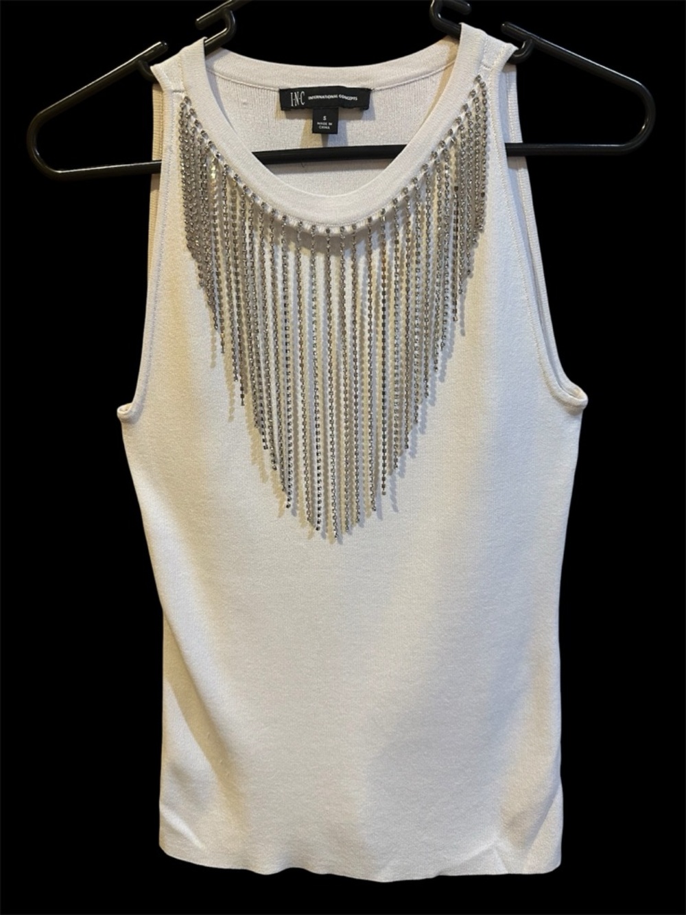 INC International Concepts White Tank Top with Silver Chain Fringe